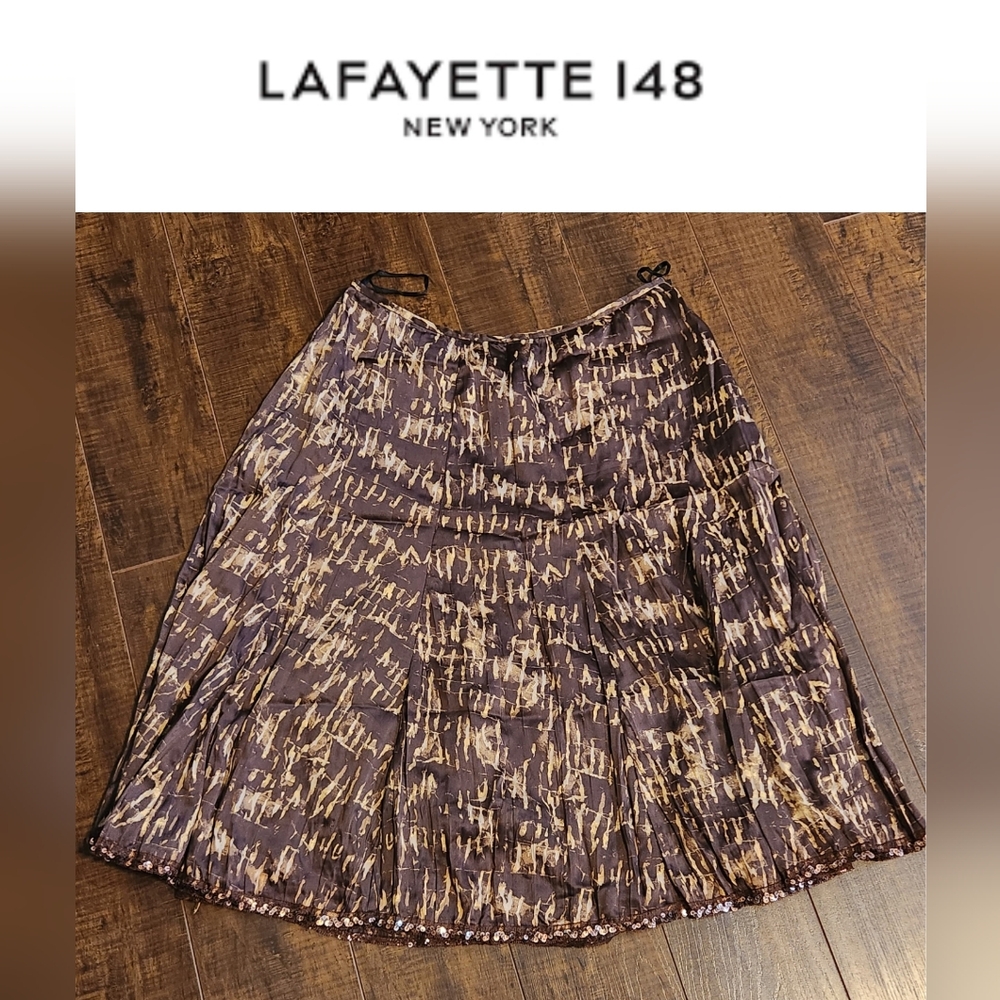 Lafayette 148 A Line Sequin Hem Brown Abstract Skirt Size 8